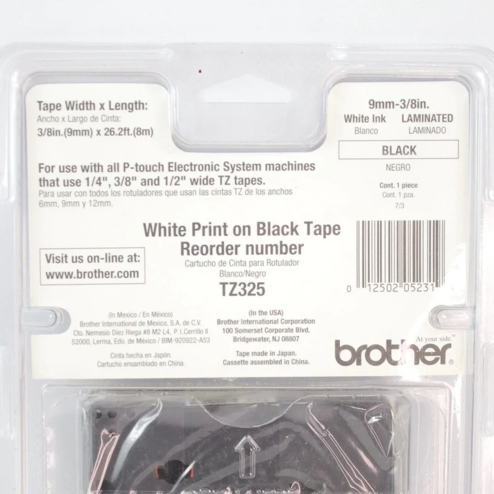 Brother P-Touch TZ-325 Label Tape 3/8 9mm White on Black 2 Pack Bundle - NEW